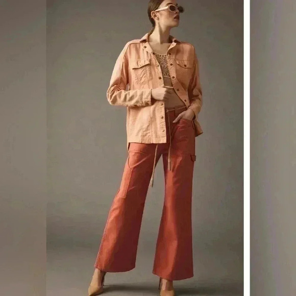 Pilcro Anthropologie Jacket Button Up Shirt Distressed Shacket Utility Peach XS - Picture 3 of 7